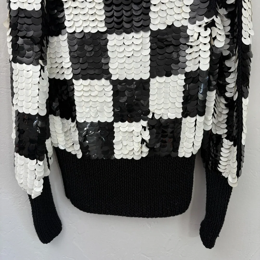 Vintage Sequin Sweater Women Size Small? Black White Checkered Hand Knit Wool - Picture 7 of 11